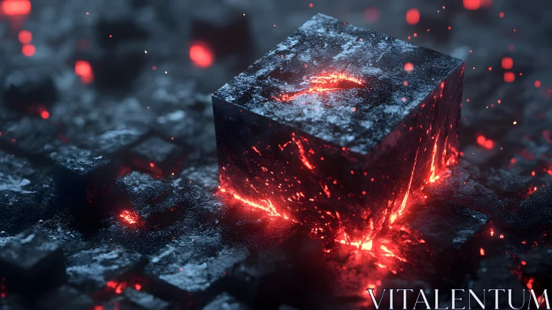 Glowing Lava Cube in a Dark Volcanic Landscape, Digital Art.
