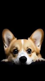 High-contrast portrait of alert corgi muzzle against black field