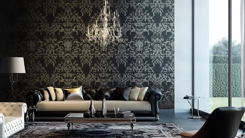 Luxurious black living room with chandelier and sofas.