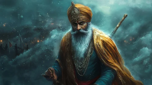 Stormlit warrior elder strides through ember‑flecked mist