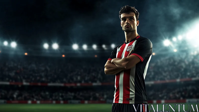 Stadium lights, steady gaze: a calm soccer captain moment.