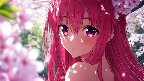 Pink-haired anime girl under luminous cherry blossoms.