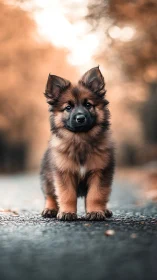 Autumn-toned portrait of fluffy puppy on shallow-focus path