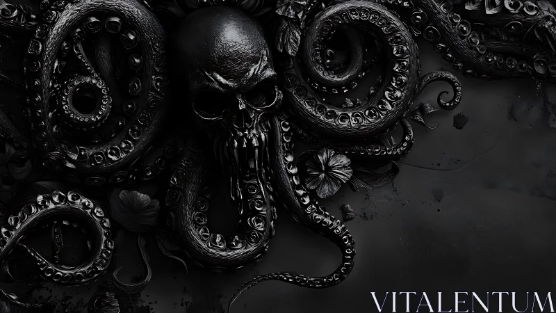 Monochrome skull and tentacle composition on dark field.