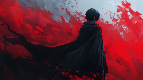 Lone cloaked figure amid abstract crimson storm field.