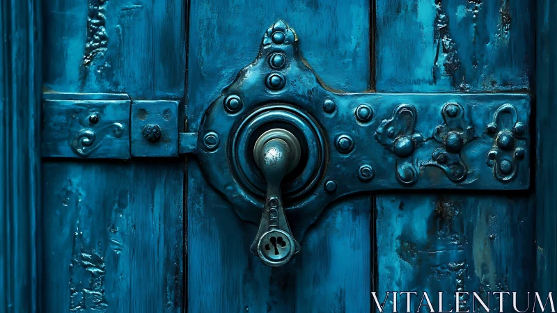 Weathered teal metal door lockplate shows embossed floral rivets