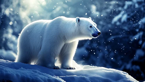 Snowlit polar monarch pauses within a drifting blue hush