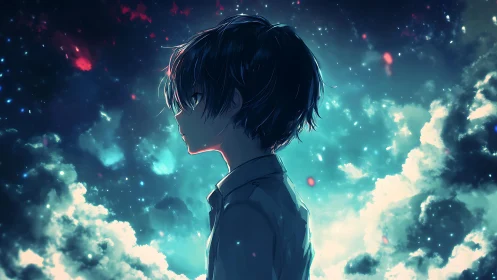 Stargazing silhouette drifts quietly through turquoise nebulae