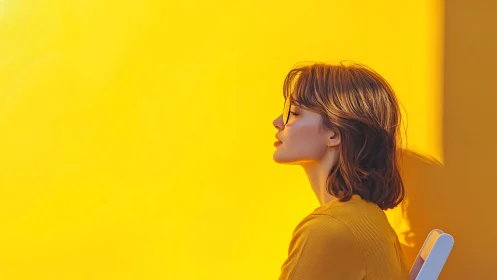 Woman in Glasses Sitting Against Bright Yellow Wall, Minimalist Style.