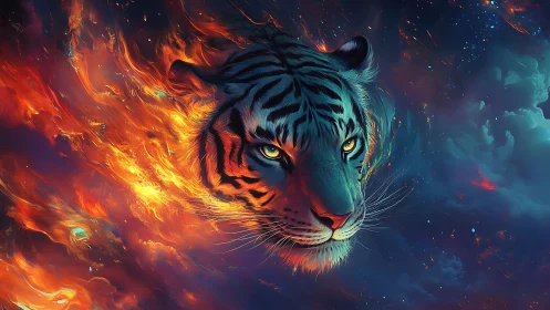 Tiger spirit emerges through cosmic fire and nebula storm.