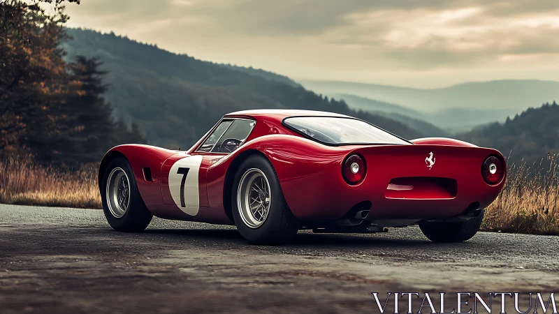 Classic red race car resting on a quiet mountain road.