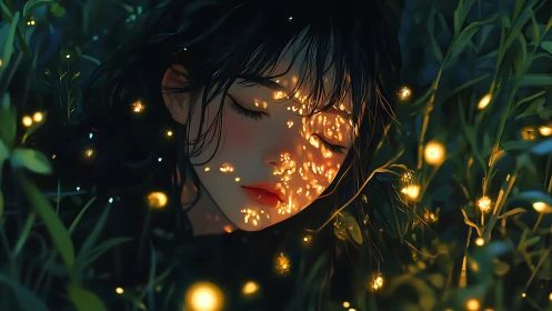 Girl sleeps in firefly meadow under soft golden glow.