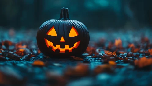 Jack-o-lantern sits illuminated on damp leaf-covered ground
