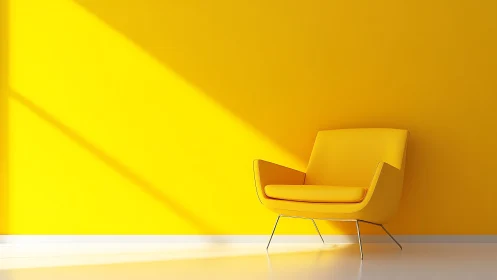 Minimalist yellow armchair against sunlit monochrome wall