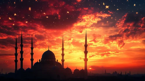 Minaret-dense mosque silhouette under spectral ember sky.