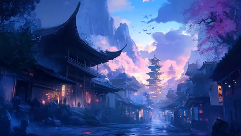 Twilight pagoda street wrapped in misty mountain light.