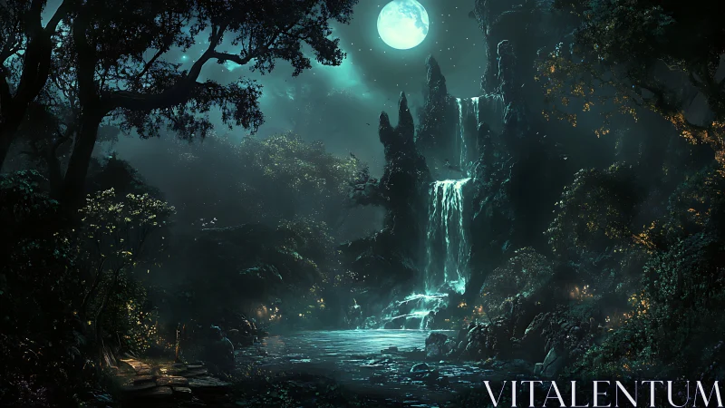 Moonlit waterfall illuminates dense enchanted forest valley
