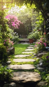 Sunlit stone path leads through dense flowering garden corridor