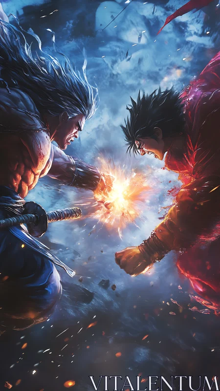 Two warriors clash in explosive elemental fist impact.
