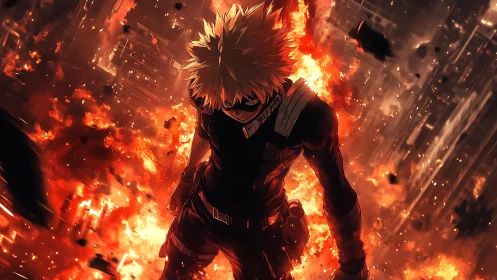 Explosive anime hero silhouetted against urban firestorm.