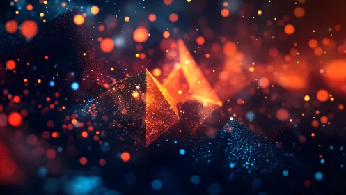 Abstract glowing pyramids in digital space, vibrant neon colors.