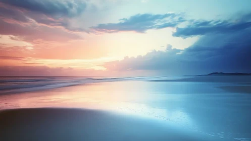 Pastel sunrise over glassy shoreline, soft reflected light.