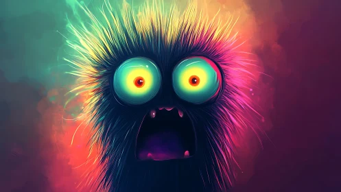 Neon fur creature with enlarged eyes on gradient background.