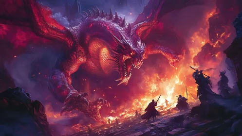 Titanic crimson dragon over battlefield of searing fire.