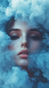 Female face emerges through dense blue swirling smoke