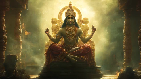 Golden deity sits in radiant temple throne of divine calm.