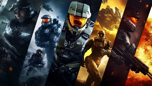 Armored sci fi soldiers in segmented battlefield montage.