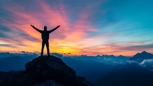 Silhouette on mountain summit against multicolored sunset sky.
