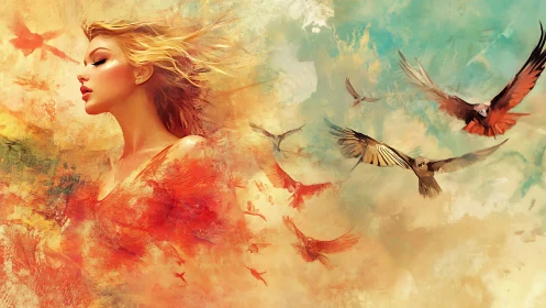 Warm-hearted dreamer dissolving into free-flying birds.
