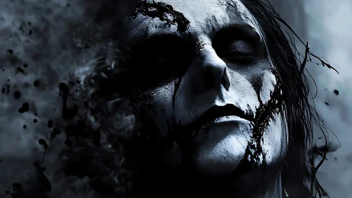 Haunting monochrome visage dissolving into inky darkness.