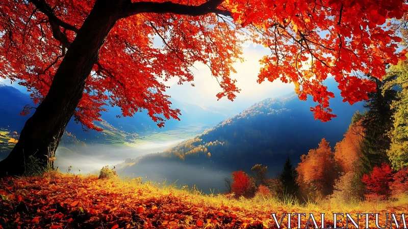 Backlit autumn canopy frames misty valley with saturated contrast