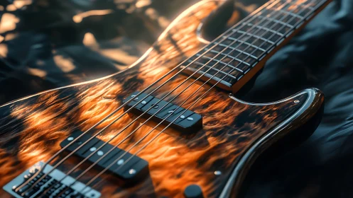 Flamed maple electric guitar glows under warm studio light.