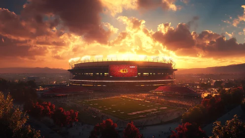 Sunset stadium glow where game night and golden sky meet.