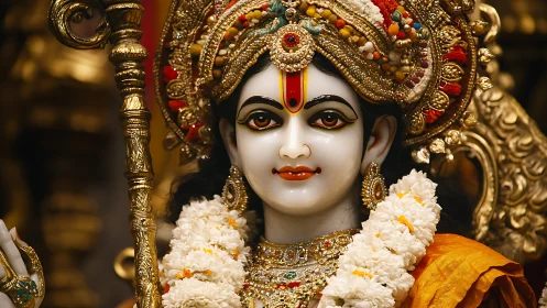 Gilded goddess gaze turns temple shadows into quiet fire