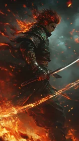 Fiery warrior strides through swirling flames with quiet resolve.
