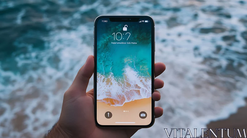 Someone holds their iPhone showing a stunning beach scene