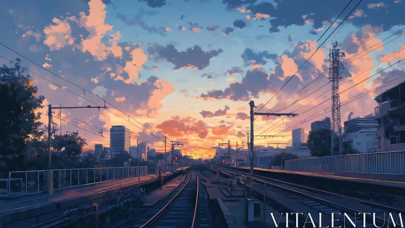 Sunset rails stretch quietly toward a watercolor-tinted city