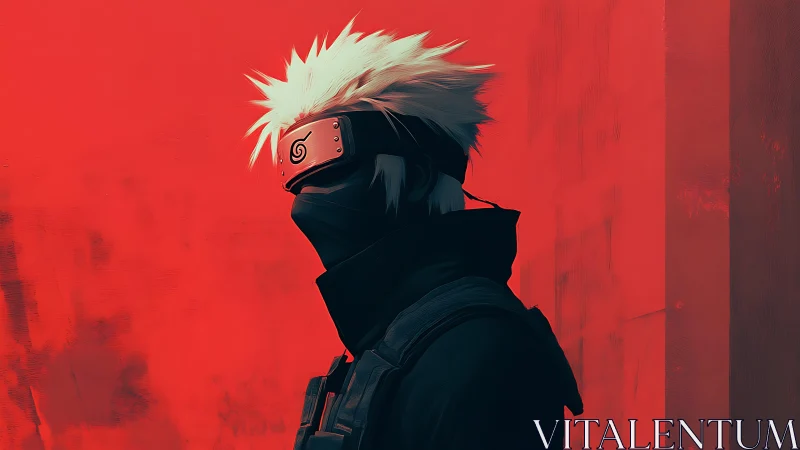 Masked white haired ninja stands against flat red wall