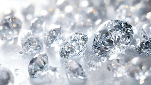 Loose cut diamonds on reflective white surface in close view.