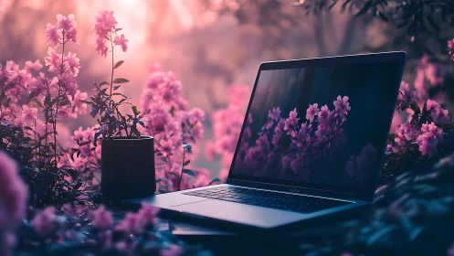 Laptop rests amid glowing pink flowers at dreamy sunset light