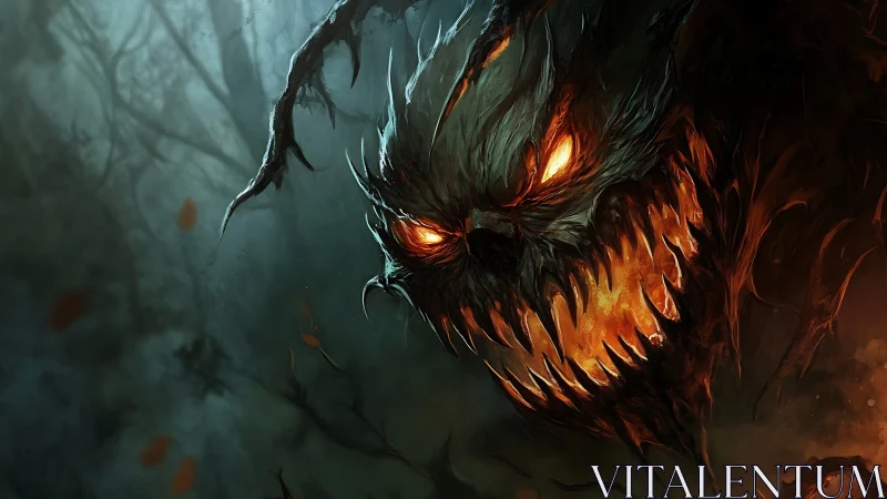 Infernal forest demon emerges with burning eyes and fangs