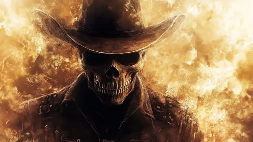 Skeletal cowboy figure stands centered amid fiery background