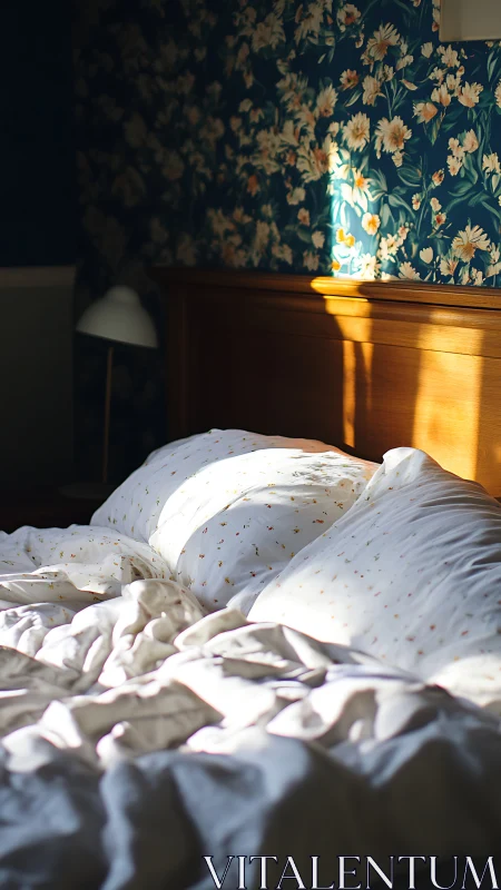 Sunlit floral bedroom nook with softly rumpled bedding.