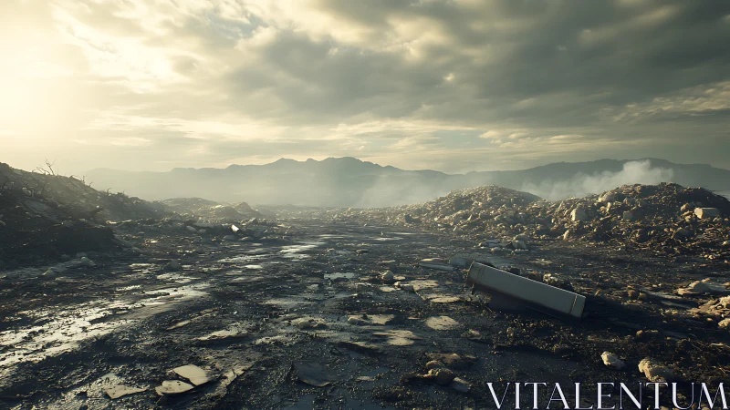 Desolate landfill landscape under heavy clouds at sunset.