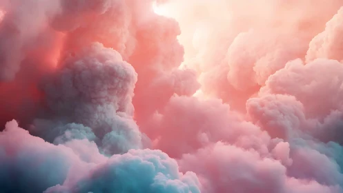 Volumetric cloudscape depicts dense pink and cyan formations