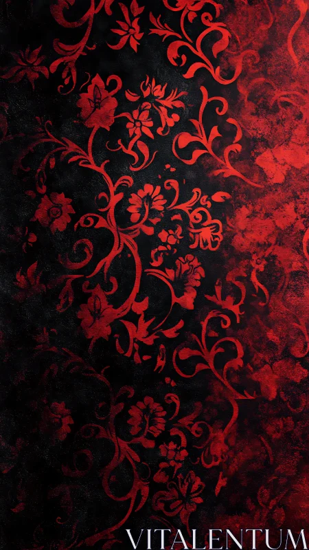 Red damask floral scrolls emerge through dark textured ground